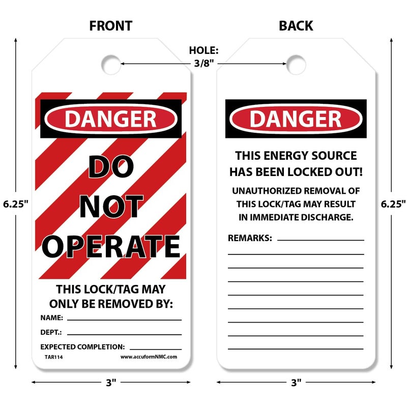 AccuformNMC 100 Lockout Tags by-The-Roll, Danger Do Not Operate, US Made OSHA Compliant Tags, Waterproof PF-Cardstock, Resists Tears, 6.25"x3", TAR114 - Image 2